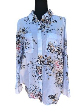 White House Black Market Pale Blue Floral Button-Down Blouse Size 14